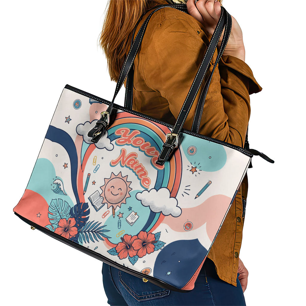 Personalized Hawaii Back To School Leather Tote Bag Retro Rainbow Sun with Tropical Hibiscus Flowers TS04 - Polynesian Pride