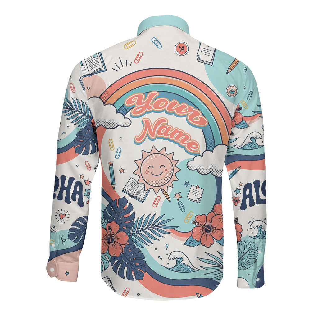 Personalized Hawaii Back To School Long Sleeve Button Shirt Retro Rainbow Sun with Tropical Hibiscus Flowers TS04 - Polynesian Pride