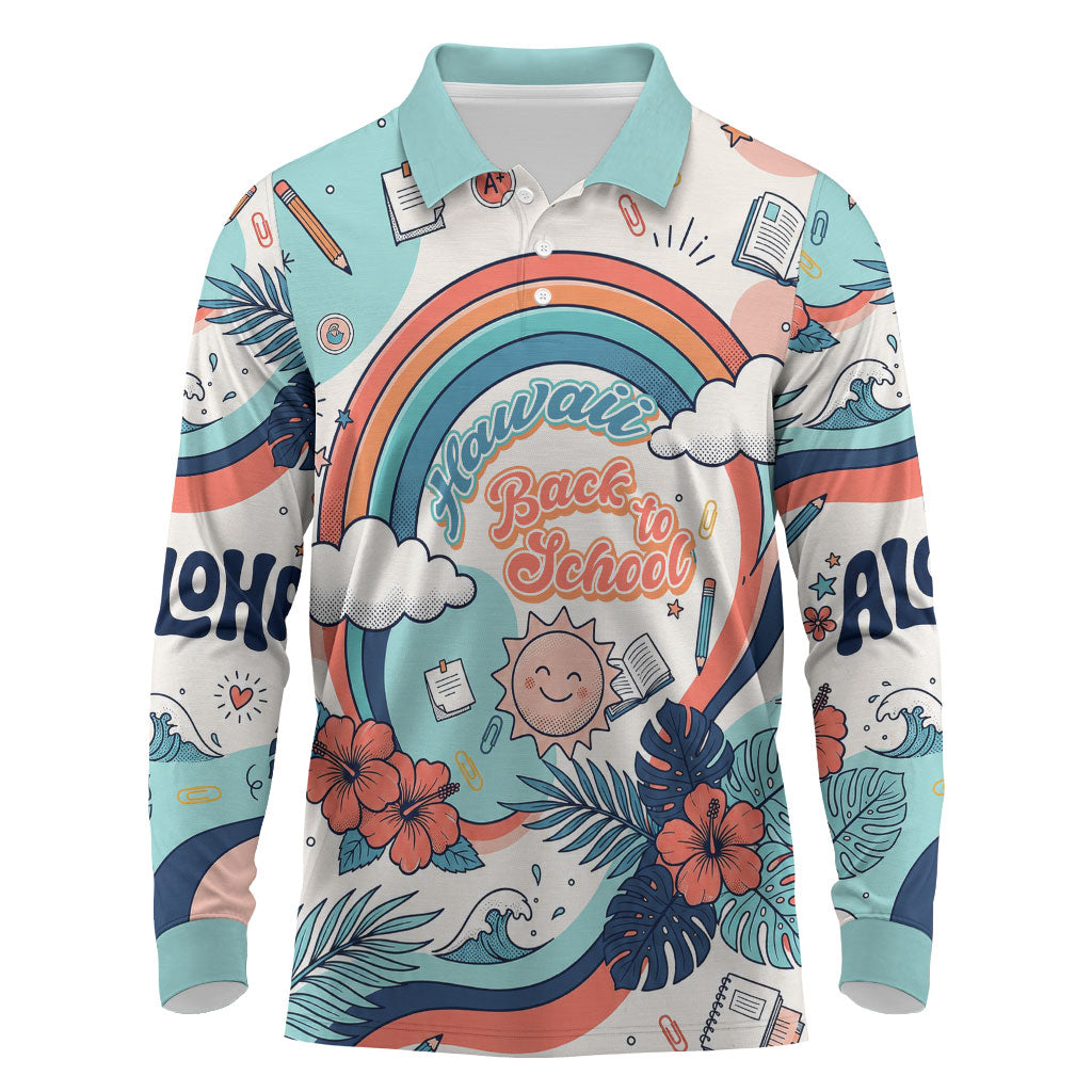 Personalized Hawaii Back To School Long Sleeve Polo Shirt Retro Rainbow Sun with Tropical Hibiscus Flowers TS04 White Blue - Polynesian Pride