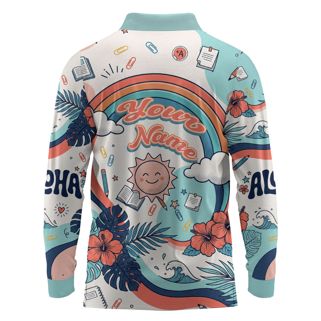 Personalized Hawaii Back To School Long Sleeve Polo Shirt Retro Rainbow Sun with Tropical Hibiscus Flowers TS04 - Polynesian Pride