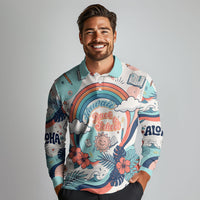 Personalized Hawaii Back To School Long Sleeve Polo Shirt Retro Rainbow Sun with Tropical Hibiscus Flowers TS04 - Polynesian Pride