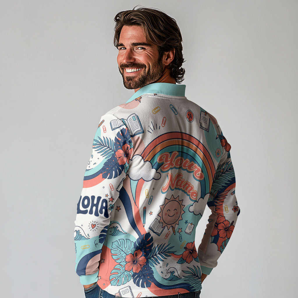 Personalized Hawaii Back To School Long Sleeve Polo Shirt Retro Rainbow Sun with Tropical Hibiscus Flowers TS04 - Polynesian Pride