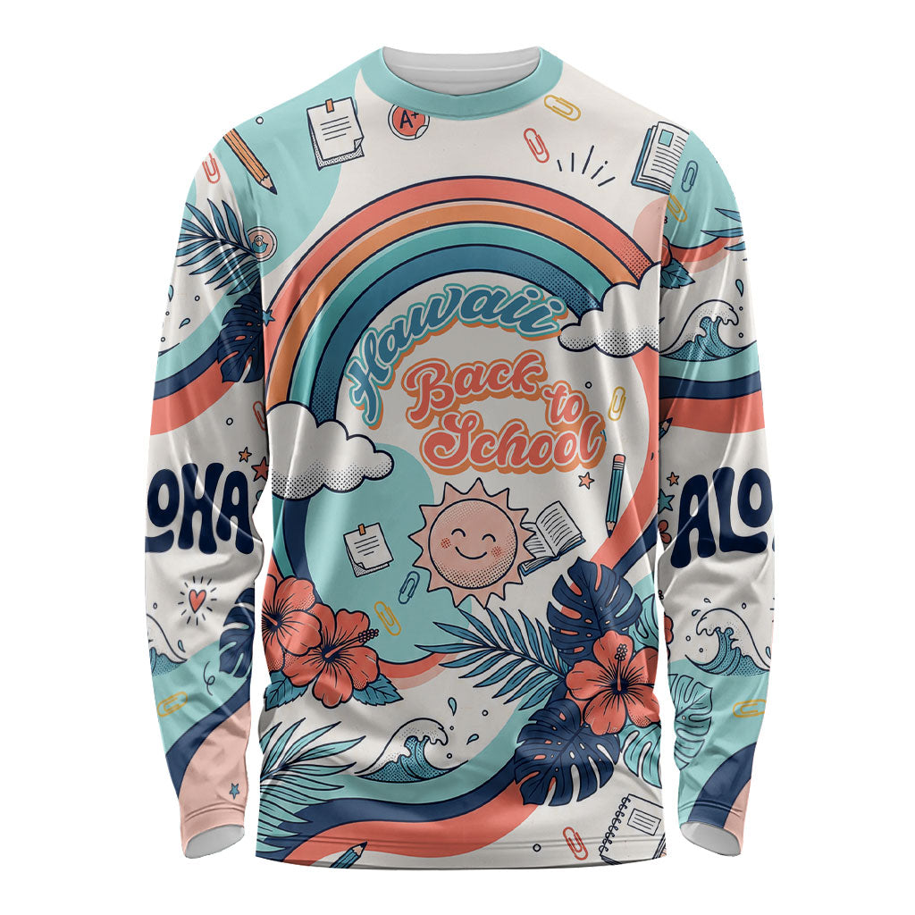 Personalized Hawaii Back To School Long Sleeve Shirt Retro Rainbow Sun with Tropical Hibiscus Flowers TS04 Unisex White Blue - Polynesian Pride