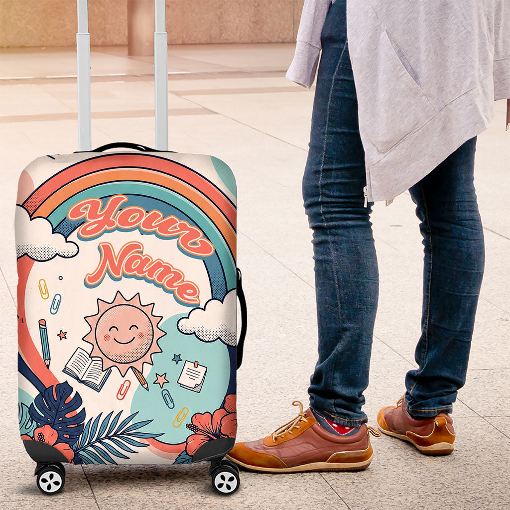 Personalized Hawaii Back To School Luggage Cover Retro Rainbow Sun with Tropical Hibiscus Flowers TS04 White Blue - Polynesian Pride