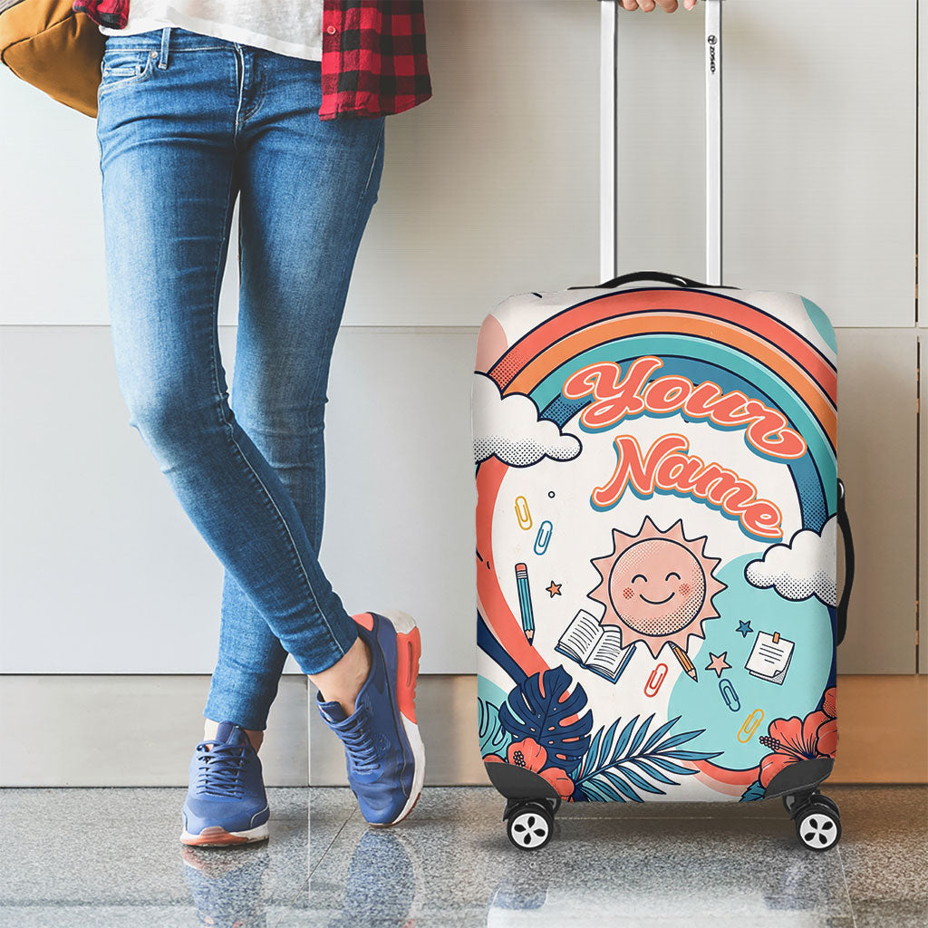 Personalized Hawaii Back To School Luggage Cover Retro Rainbow Sun with Tropical Hibiscus Flowers TS04 - Polynesian Pride