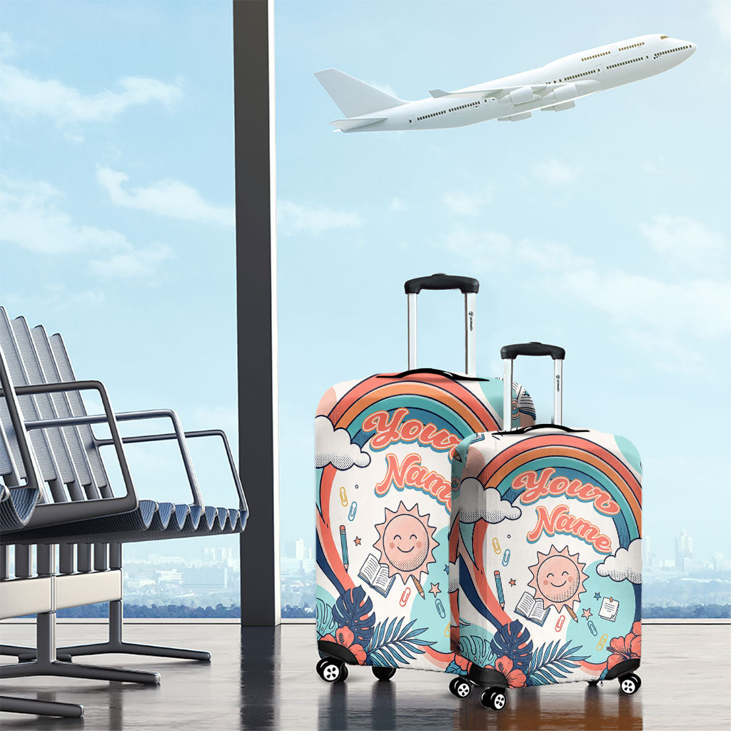 Personalized Hawaii Back To School Luggage Cover Retro Rainbow Sun with Tropical Hibiscus Flowers TS04 - Polynesian Pride