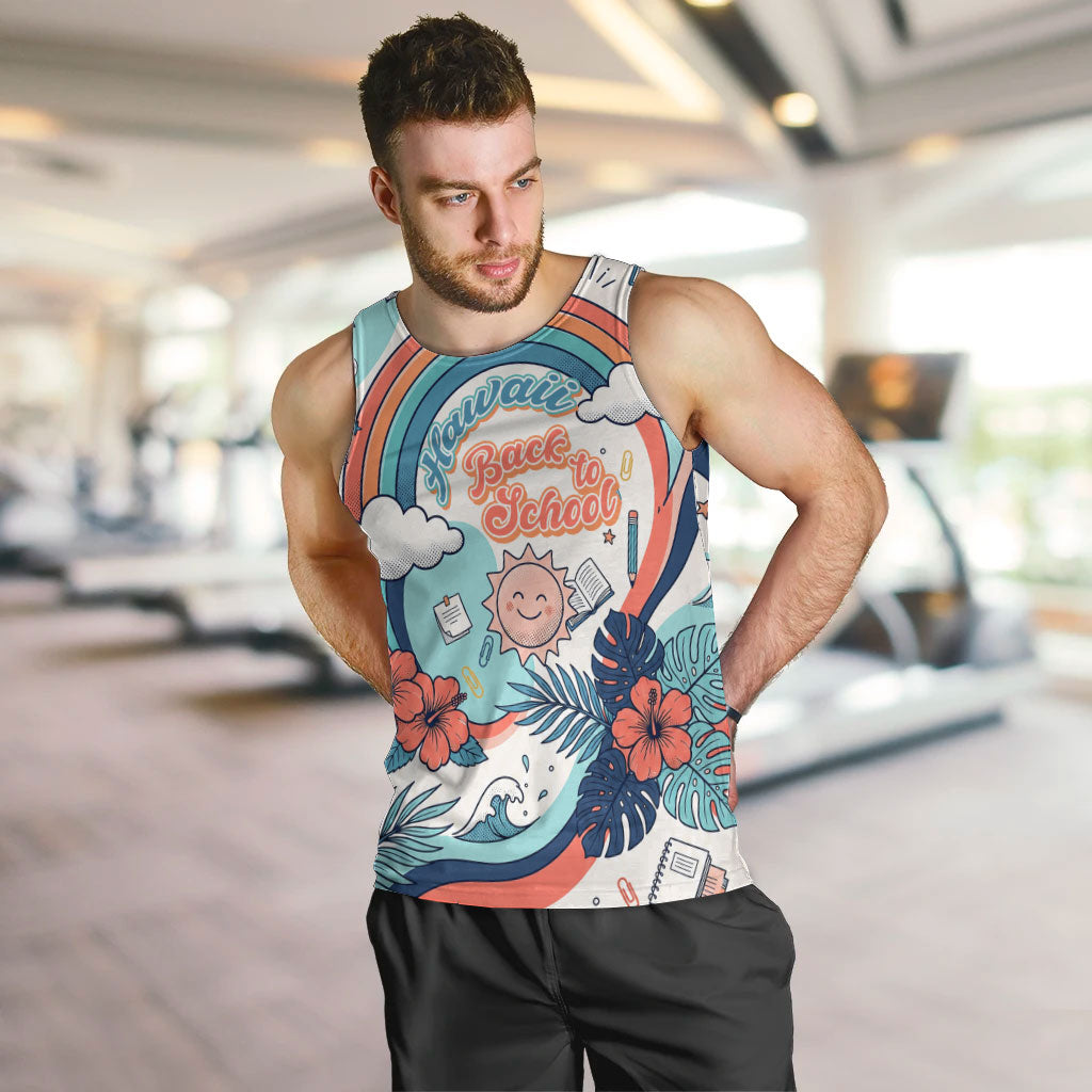 Personalized Hawaii Back To School Men Tank Top Retro Rainbow Sun with Tropical Hibiscus Flowers TS04 White Blue - Polynesian Pride