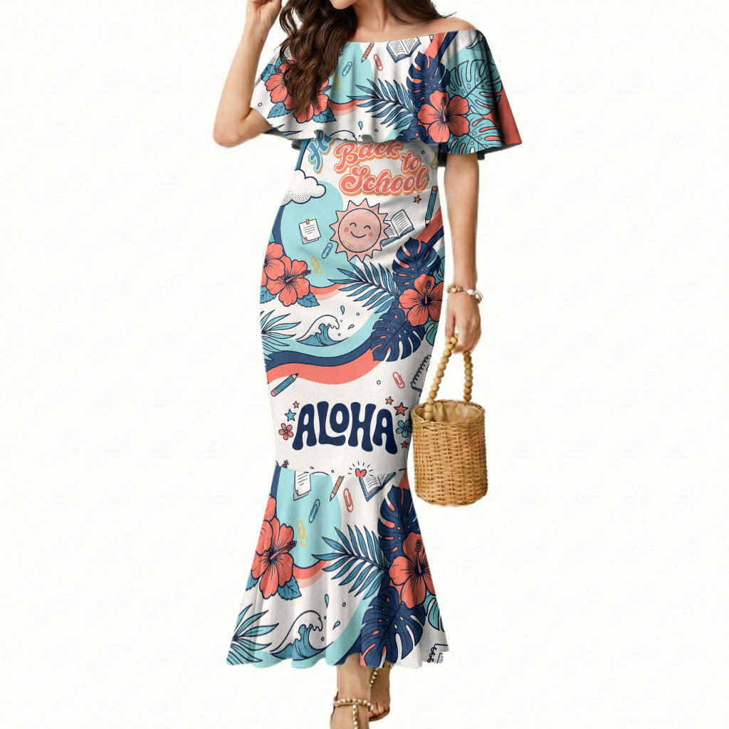 Personalized Hawaii Back To School Mermaid Dress Retro Rainbow Sun with Tropical Hibiscus Flowers TS04 Women White Blue - Polynesian Pride