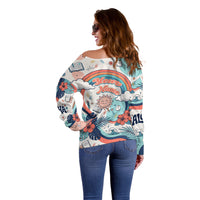 Personalized Hawaii Back To School Off Shoulder Sweater Retro Rainbow Sun with Tropical Hibiscus Flowers TS04 - Polynesian Pride