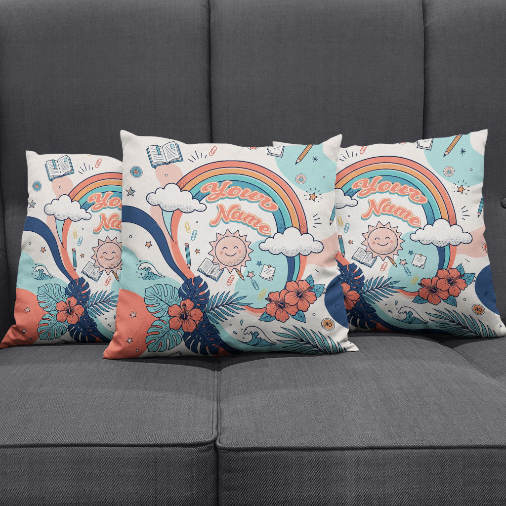 Personalized Hawaii Back To School Pillow Cover Retro Rainbow Sun with Tropical Hibiscus Flowers TS04 - Polynesian Pride