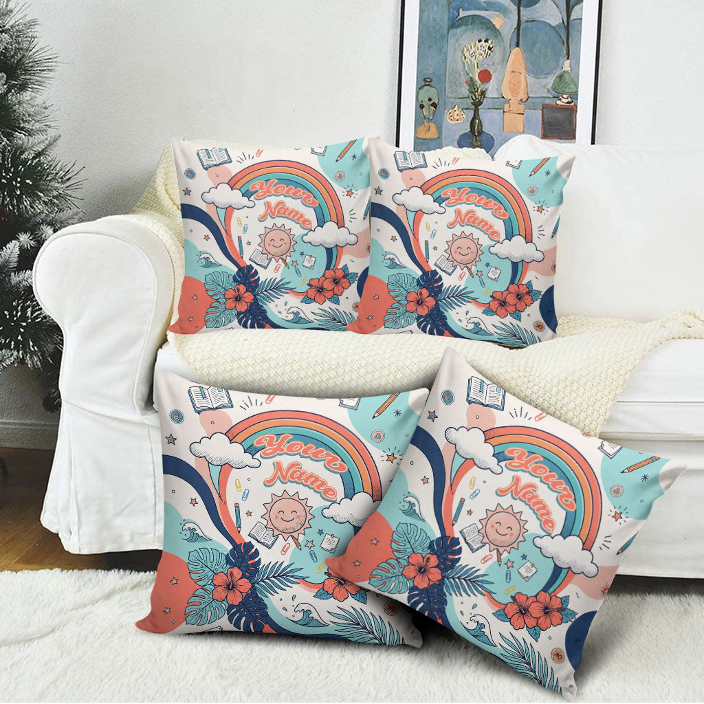 Personalized Hawaii Back To School Pillow Cover Retro Rainbow Sun with Tropical Hibiscus Flowers TS04 - Polynesian Pride
