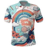 Personalized Hawaii Back To School Polo Shirt Retro Rainbow Sun with Tropical Hibiscus Flowers TS04 White Blue - Polynesian Pride