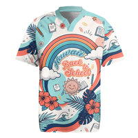 Personalized Hawaii Back To School Rugby Jersey Retro Rainbow Sun with Tropical Hibiscus Flowers TS04 White Blue - Polynesian Pride