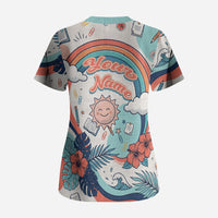 Personalized Hawaii Back To School Scrub Top Retro Rainbow Sun with Tropical Hibiscus Flowers TS04 - Polynesian Pride