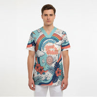 Personalized Hawaii Back To School Scrub Top Retro Rainbow Sun with Tropical Hibiscus Flowers TS04 - Polynesian Pride