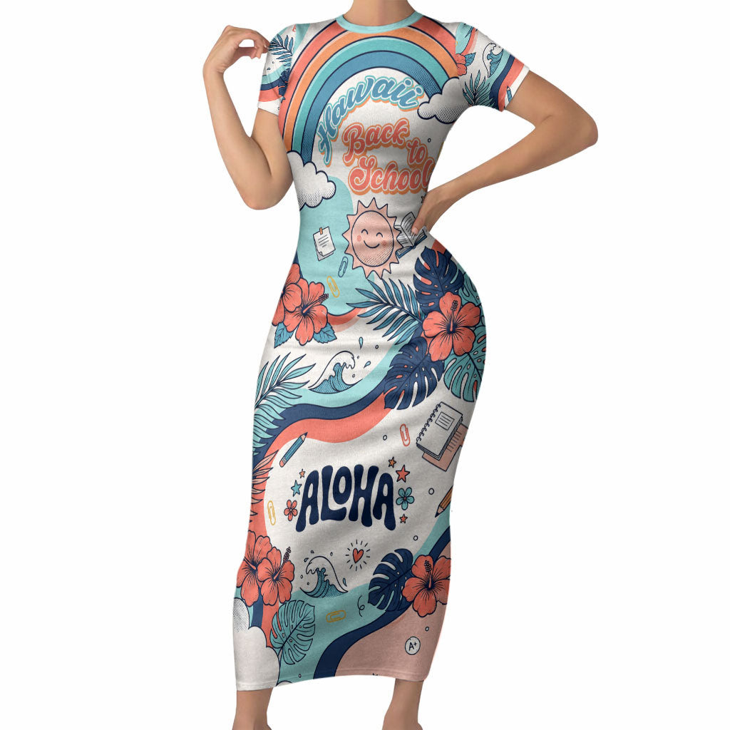 Personalized Hawaii Back To School Short Sleeve Bodycon Dress Retro Rainbow Sun with Tropical Hibiscus Flowers TS04 Long Dress White Blue - Polynesian Pride