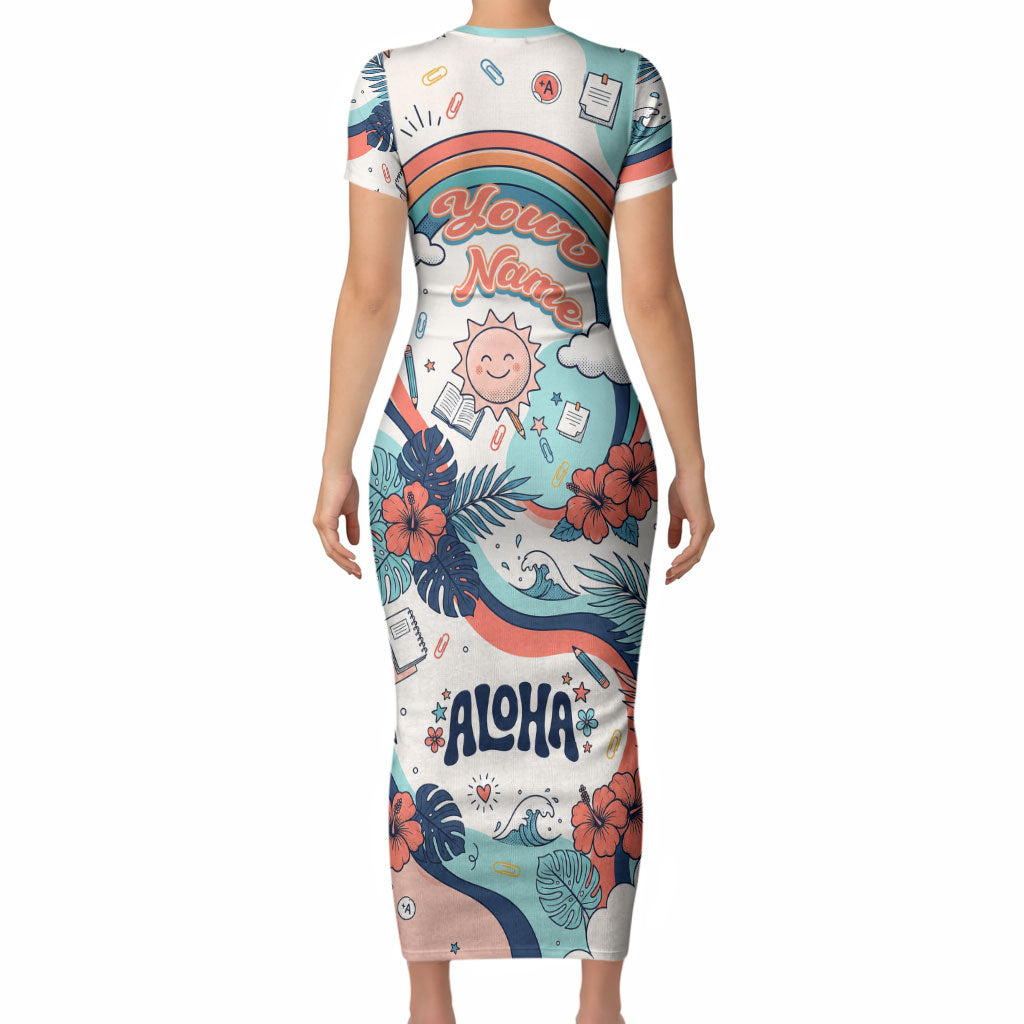 Personalized Hawaii Back To School Short Sleeve Bodycon Dress Retro Rainbow Sun with Tropical Hibiscus Flowers TS04 - Polynesian Pride