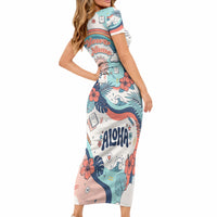 Personalized Hawaii Back To School Short Sleeve Bodycon Dress Retro Rainbow Sun with Tropical Hibiscus Flowers TS04 - Polynesian Pride