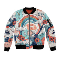 Personalized Hawaii Back To School Sleeve Zip Bomber Jacket Retro Rainbow Sun with Tropical Hibiscus Flowers TS04 Unisex White Blue - Polynesian Pride