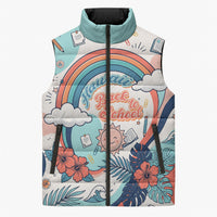 Personalized Hawaii Back To School Sleeveless Puffer Jacket Retro Rainbow Sun with Tropical Hibiscus Flowers TS04 Unisex White Blue - Polynesian Pride