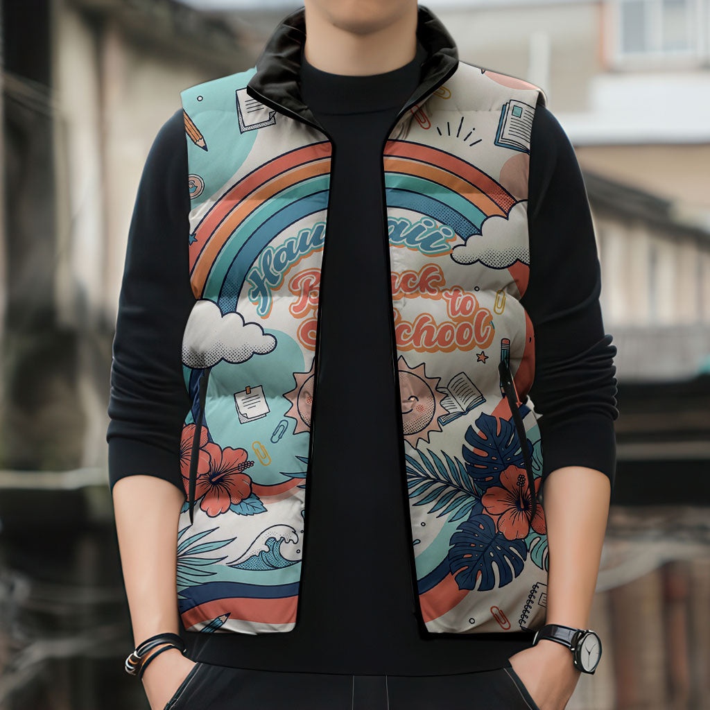 Personalized Hawaii Back To School Sleeveless Puffer Jacket Retro Rainbow Sun with Tropical Hibiscus Flowers TS04 - Polynesian Pride