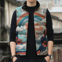 Personalized Hawaii Back To School Sleeveless Puffer Jacket Retro Rainbow Sun with Tropical Hibiscus Flowers TS04 - Polynesian Pride