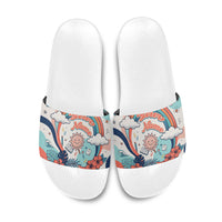 Personalized Hawaii Back To School Slide Sandals Retro Rainbow Sun with Tropical Hibiscus Flowers TS04 White Blue - Polynesian Pride