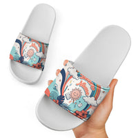 Personalized Hawaii Back To School Slide Sandals Retro Rainbow Sun with Tropical Hibiscus Flowers TS04 - Polynesian Pride