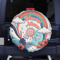 Personalized Hawaii Back To School Spare Tire Cover Retro Rainbow Sun with Tropical Hibiscus Flowers TS04 No hole White Blue - Polynesian Pride