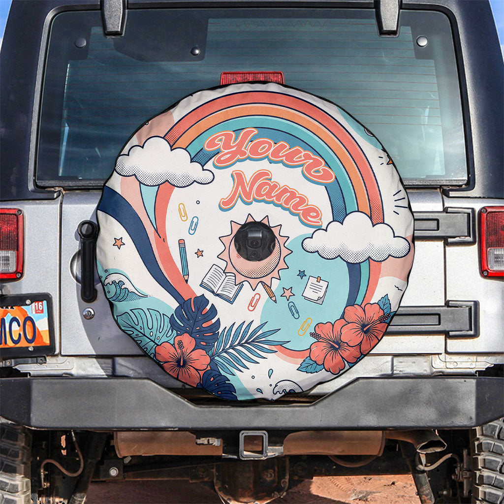 Personalized Hawaii Back To School Spare Tire Cover Retro Rainbow Sun with Tropical Hibiscus Flowers TS04 White Blue - Polynesian Pride