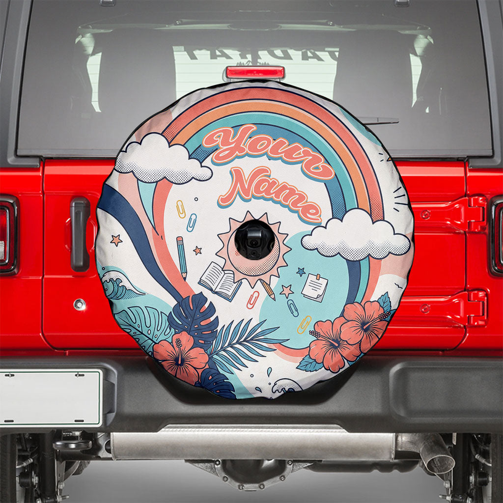 Personalized Hawaii Back To School Spare Tire Cover Retro Rainbow Sun with Tropical Hibiscus Flowers TS04 - Polynesian Pride