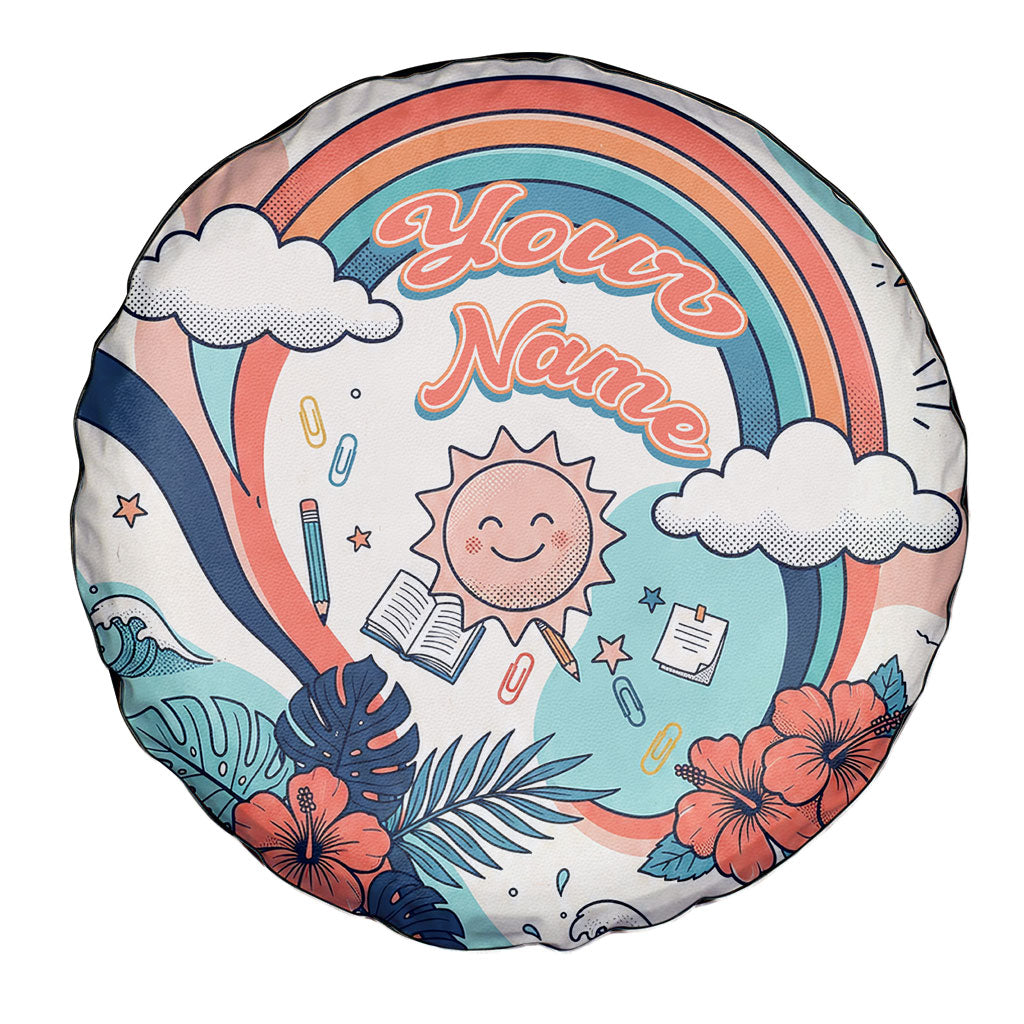 Personalized Hawaii Back To School Spare Tire Cover Retro Rainbow Sun with Tropical Hibiscus Flowers TS04 - Polynesian Pride