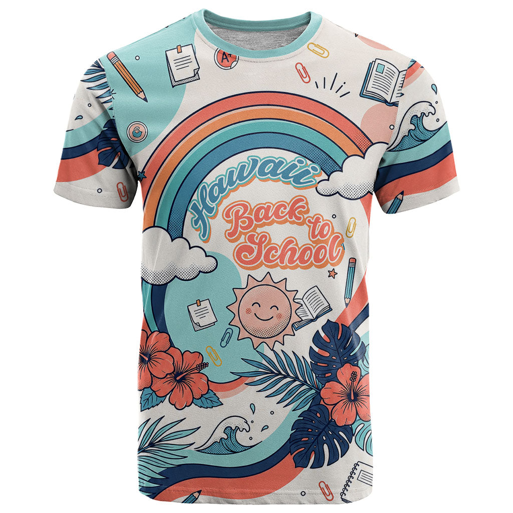 Personalized Hawaii Back To School T Shirt Retro Rainbow Sun with Tropical Hibiscus Flowers TS04 White Blue - Polynesian Pride