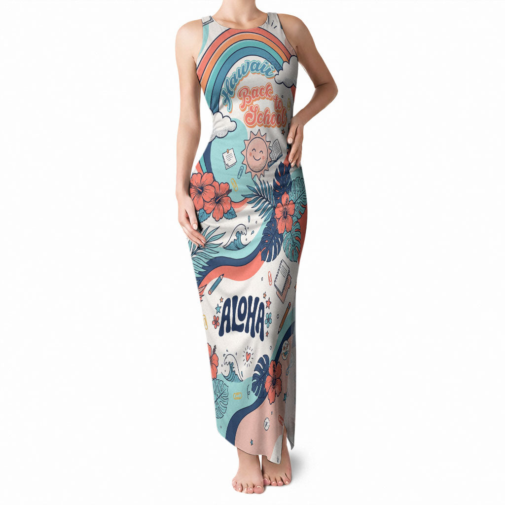 Personalized Hawaii Back To School Tank Maxi Dress Retro Rainbow Sun with Tropical Hibiscus Flowers TS04 Women White Blue - Polynesian Pride