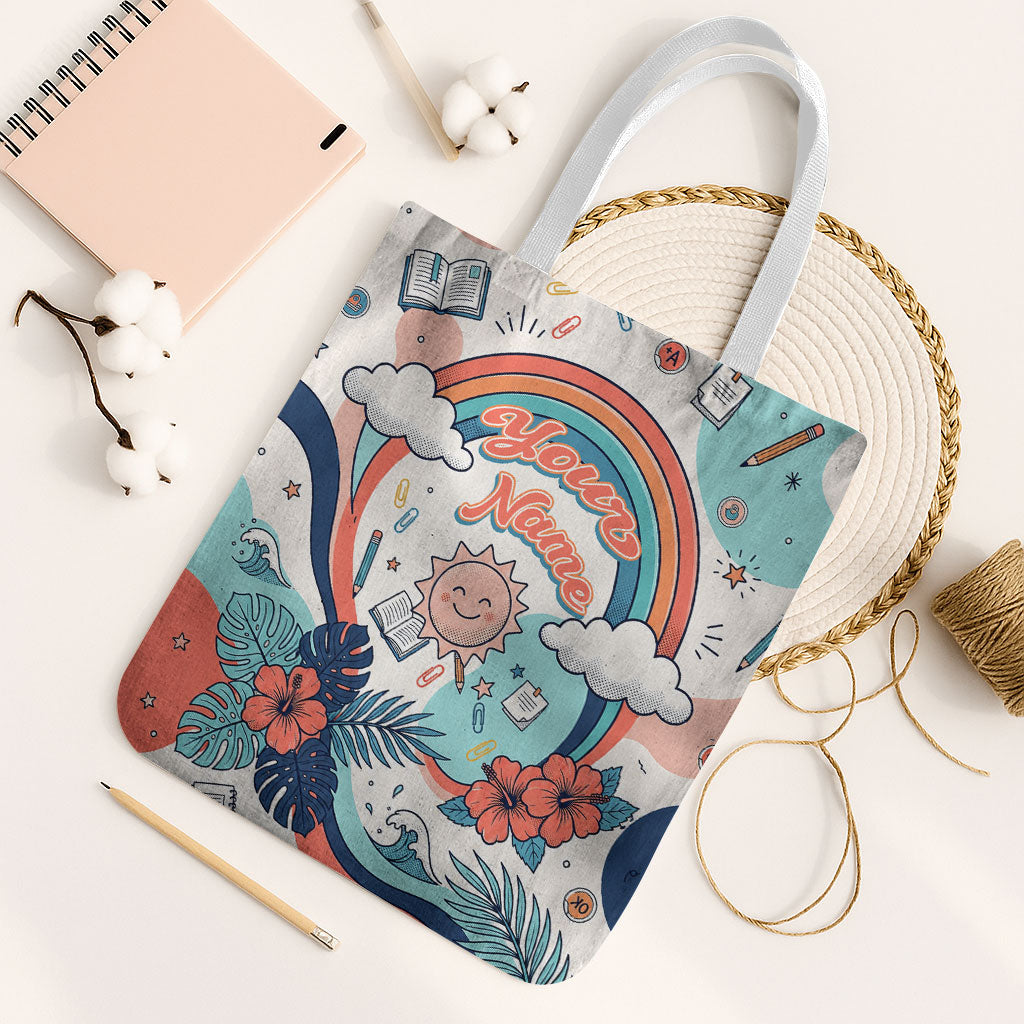 Personalized Hawaii Back To School Tote Bag Retro Rainbow Sun with Tropical Hibiscus Flowers TS04 White Strap One Size White Blue - Polynesian Pride