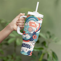 Personalized Hawaii Back To School Tumbler With Handle Retro Rainbow Sun with Tropical Hibiscus Flowers TS04 - Polynesian Pride