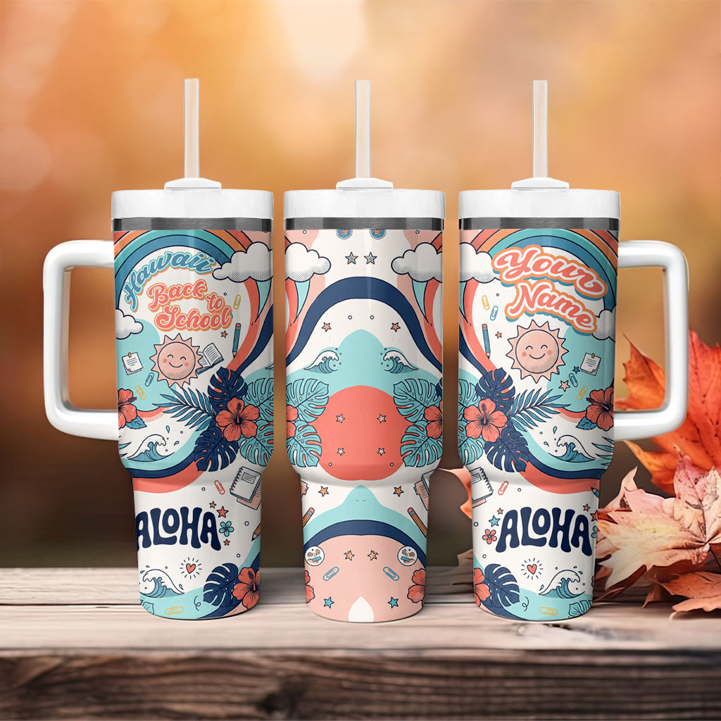Personalized Hawaii Back To School Tumbler With Handle Retro Rainbow Sun with Tropical Hibiscus Flowers TS04 - Polynesian Pride
