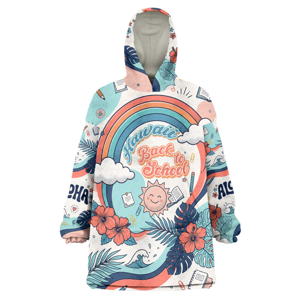 Personalized Hawaii Back To School Wearable Blanket Hoodie Retro Rainbow Sun with Tropical Hibiscus Flowers TS04 One Size White Blue - Polynesian Pride