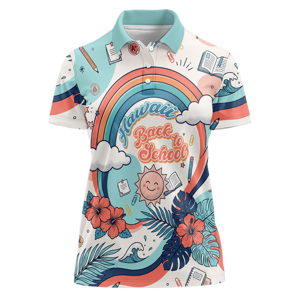 Personalized Hawaii Back To School Women Polo Shirt Retro Rainbow Sun with Tropical Hibiscus Flowers TS04 Female White Blue - Polynesian Pride