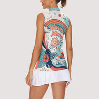 Personalized Hawaii Back To School Women Sleeveless Polo Shirt Retro Rainbow Sun with Tropical Hibiscus Flowers TS04 - Polynesian Pride