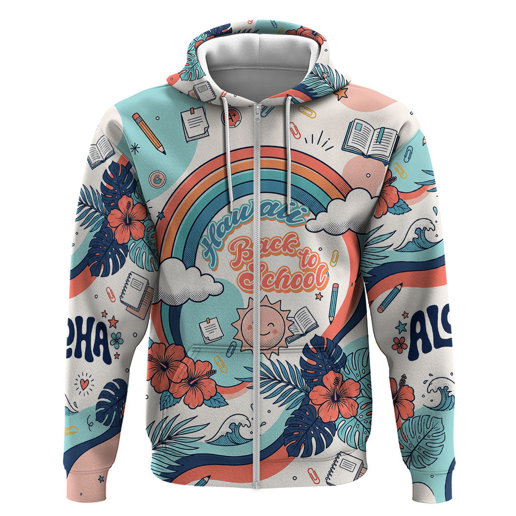 Personalized Hawaii Back To School Zip Hoodie Retro Rainbow Sun with Tropical Hibiscus Flowers TS04 Zip Hoodie White Blue - Polynesian Pride
