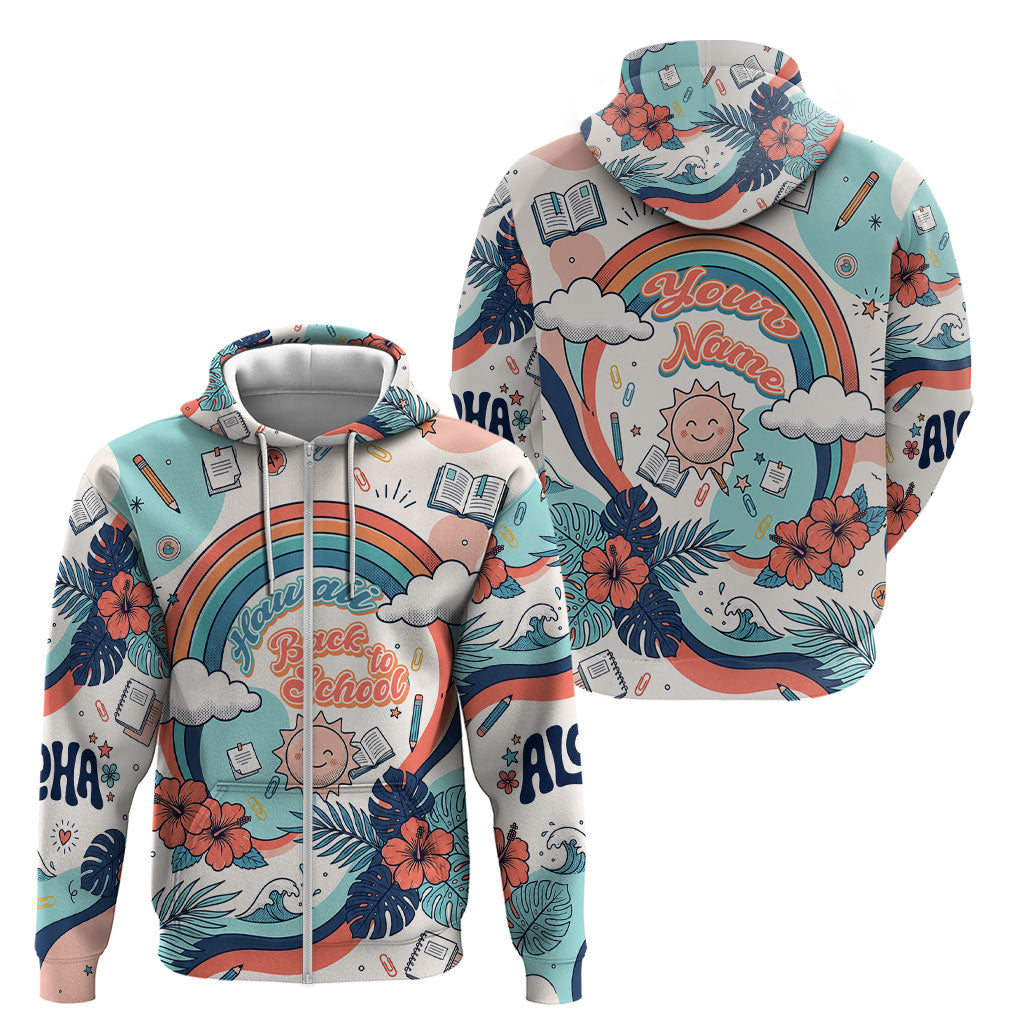 Personalized Hawaii Back To School Zip Hoodie Retro Rainbow Sun with Tropical Hibiscus Flowers TS04 - Polynesian Pride
