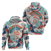 Personalized Hawaii Back To School Zip Hoodie Retro Rainbow Sun with Tropical Hibiscus Flowers TS04 - Polynesian Pride