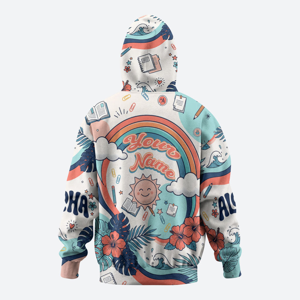 Personalized Hawaii Back To School Zip Hoodie Retro Rainbow Sun with Tropical Hibiscus Flowers TS04 - Polynesian Pride