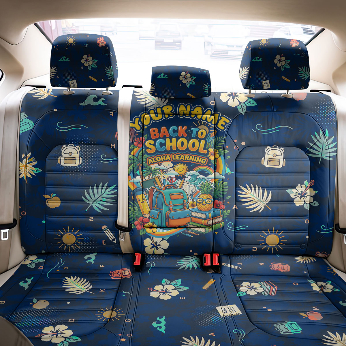 Personalized Hawaii Back To School Aloha Learning Back Car Seat Cover Retro Rainbow open Notebook with Pineapple and Hibiscus Flowers TS04 - Polynesian Pride