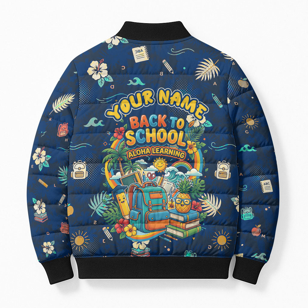 Personalized Hawaii Back To School Aloha Learning Bomber Puffer Jacket Retro Rainbow open Notebook with Pineapple and Hibiscus Flowers TS04 - Polynesian Pride