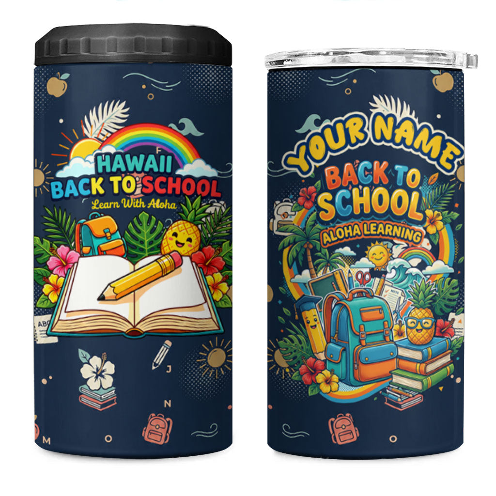 Personalized Hawaii Back To School Aloha Learning 4 in 1 Can Cooler Tumbler Retro Rainbow open Notebook with Pineapple and Hibiscus Flowers TS04 One Size: 16 oz Blue - Polynesian Pride
