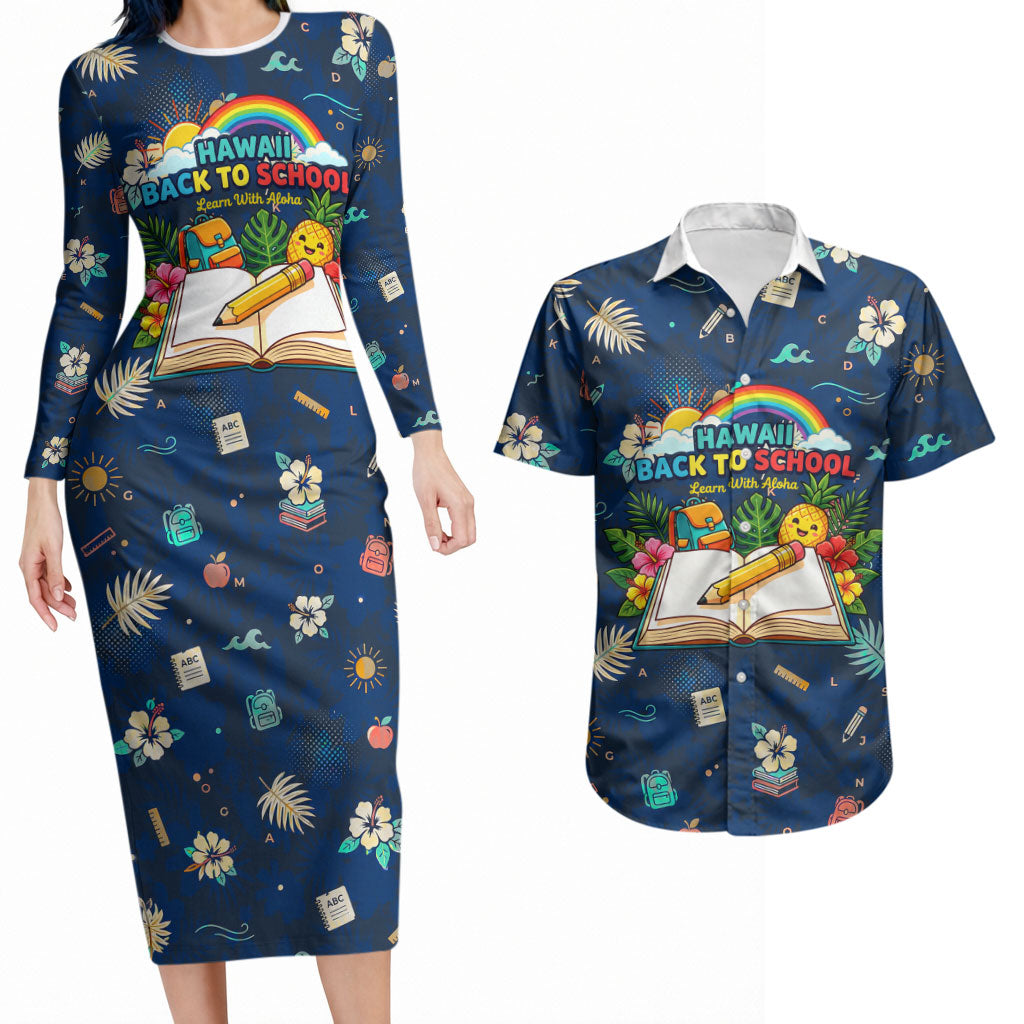 Personalized Hawaii Back To School Aloha Learning Couples Matching Long Sleeve Bodycon Dress and Hawaiian Shirt Retro Rainbow open Notebook with Pineapple and Hibiscus Flowers TS04 Blue - Polynesian Pride