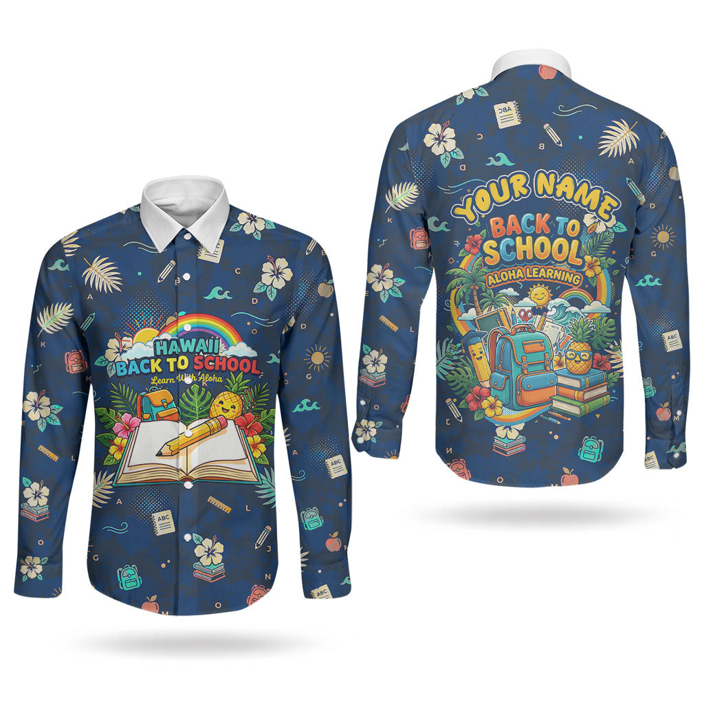 Personalized Hawaii Back To School Aloha Learning Couples Matching Long Sleeve Bodycon Dress and Long Sleeve Button Shirt Retro Rainbow open Notebook with Pineapple and Hibiscus Flowers TS04 - Polynesian Pride