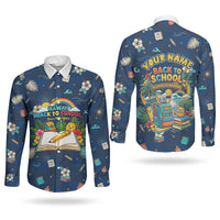 Personalized Hawaii Back To School Aloha Learning Couples Matching Long Sleeve Bodycon Dress and Long Sleeve Button Shirt Retro Rainbow open Notebook with Pineapple and Hibiscus Flowers TS04 - Polynesian Pride